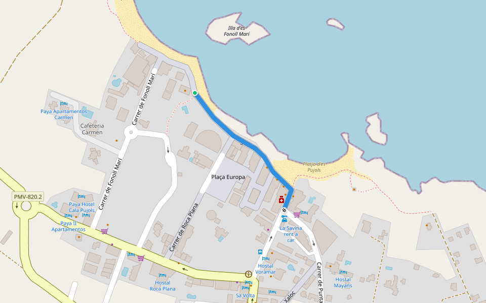 Avinguda Miramar walking route map in Es Pujols