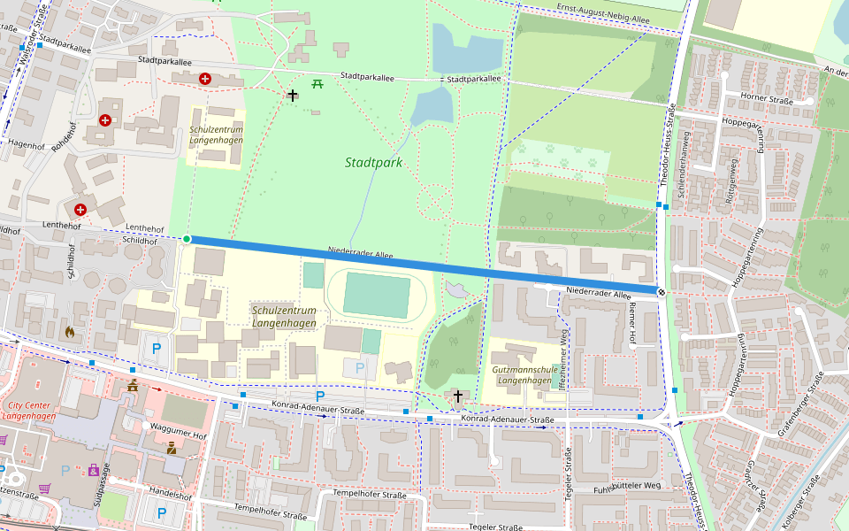 Niederrader Allee walking route map in Langenhagen