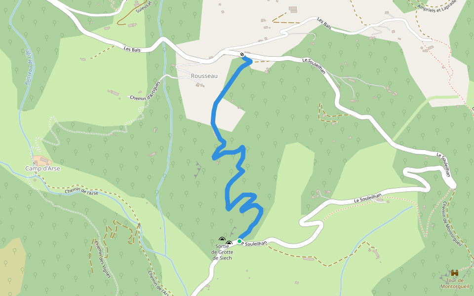De la Grotte de Siech à l'École du Souleilhan walking route map in Saurat