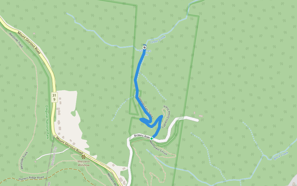 Greenes Falls Track walking route map in Mount Glorious