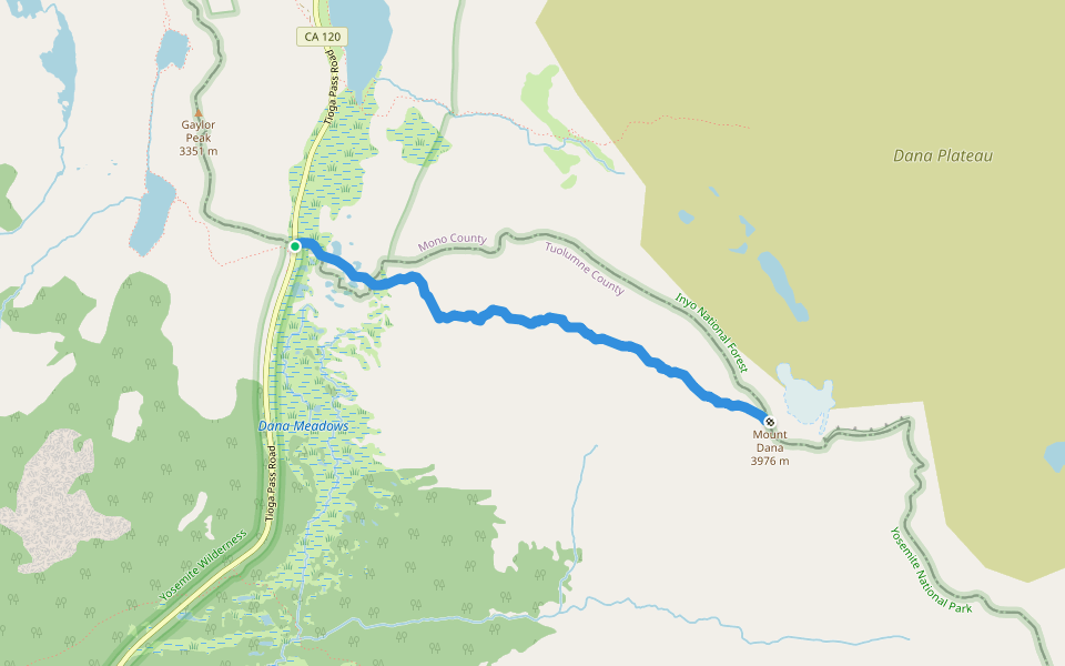 Mount Dana Trail walking route map in Lee Vining