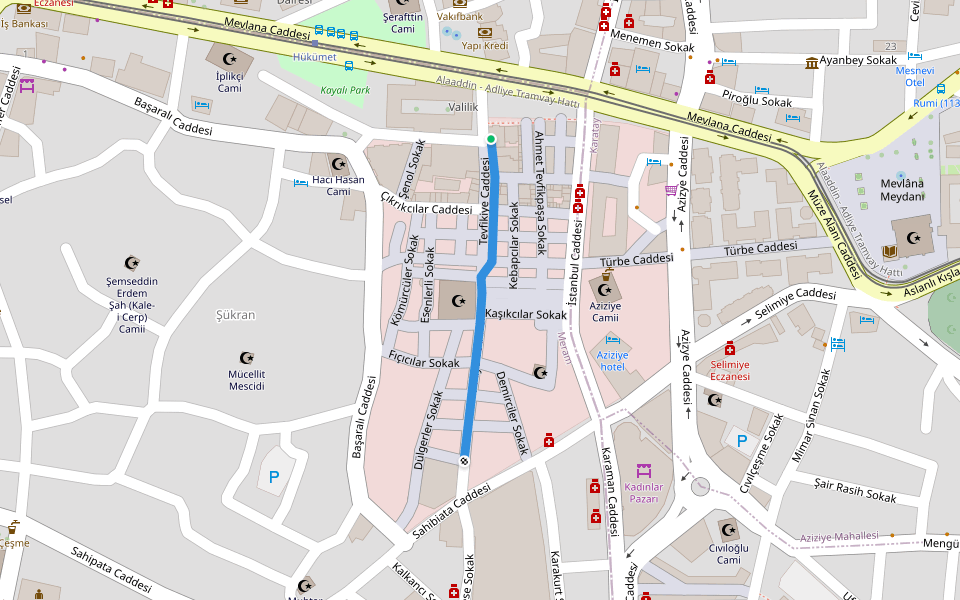 Tevfikiye Caddesi walking route map in Konya