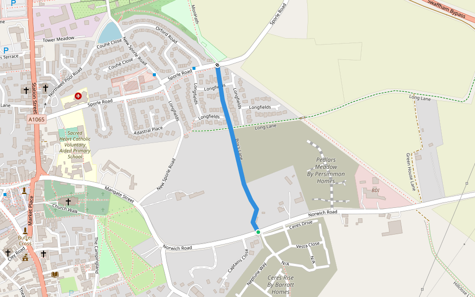 Box's Lane walking route map in Swaffham