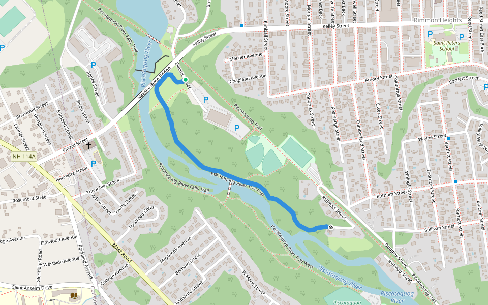 Piscataquog River Trail East walking route map in Manchester