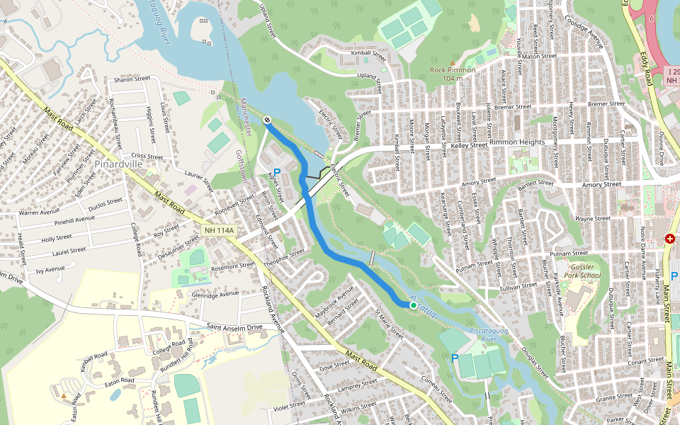 Piscataquog River Falls Trail walking route map in Manchester