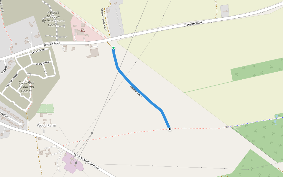 Hillclose Lane walking route map in Swaffham