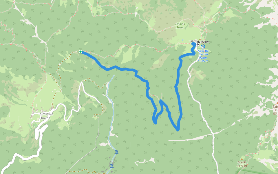 Tolminske ravne - Planina Razor (mulatjera) walking route map in Tolminske Ravne