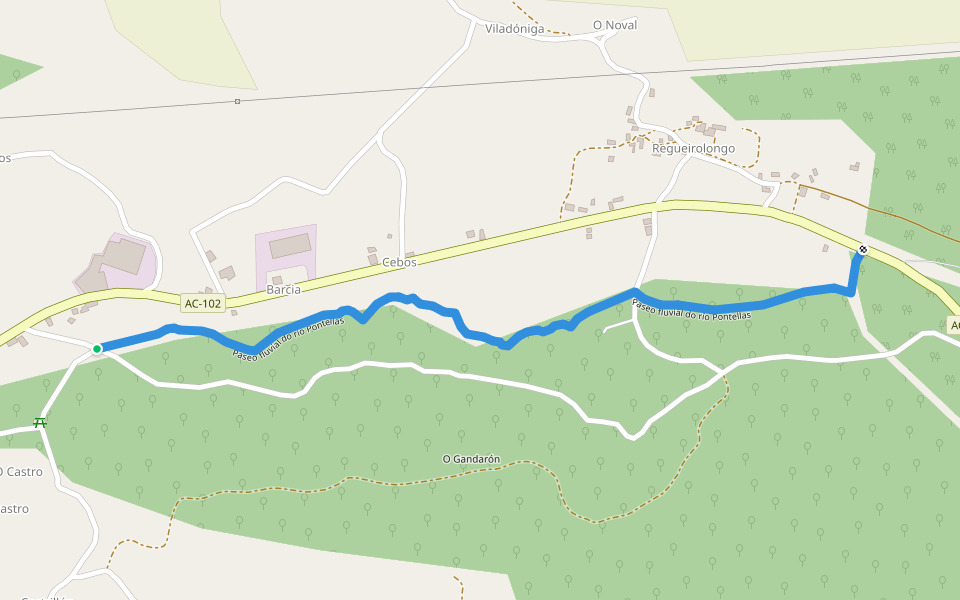 Paseo fluvial do río Pontellas walking route map in Barcia