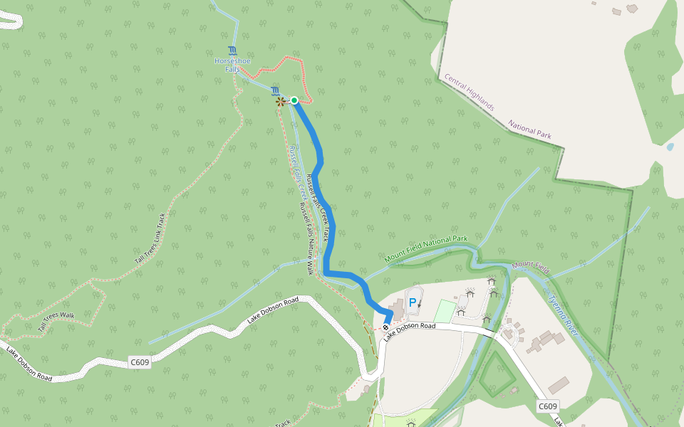 Russell Falls Creek Track walking route map in Mount Field