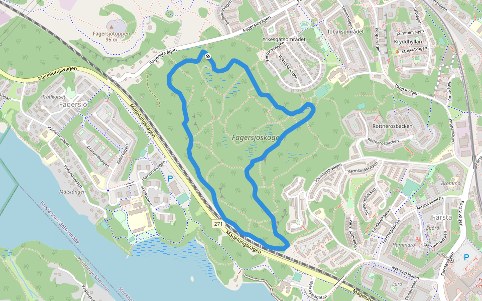 Fagersjöskogens elljusspår walking route map in Huddinge