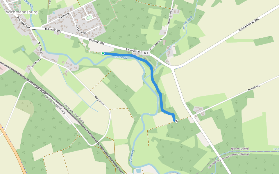 Ilmenau-Uferweg-Wichmannsburg walking route map in Bienenbüttel