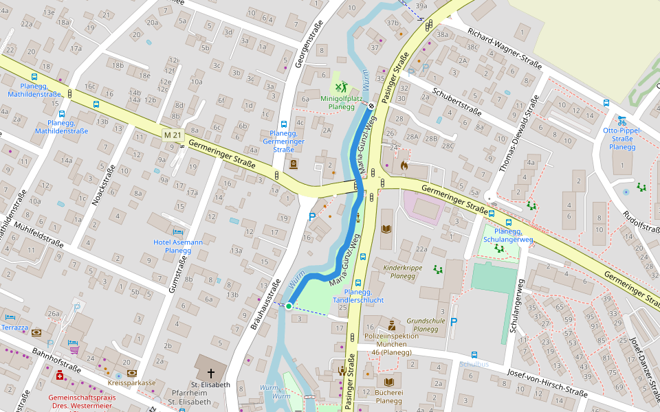 Maria-Günzl-Weg walking route map in Planegg