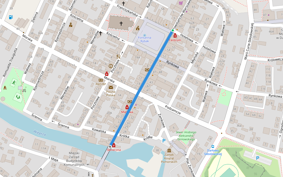 Powstańców Warszawskich walking route map in Darłowo