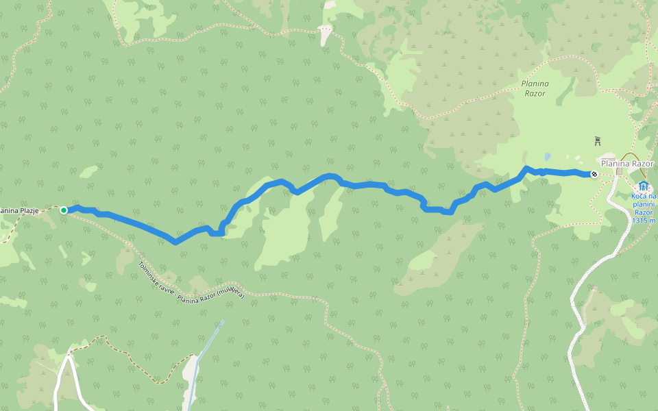 Tolminske ravne - Planina Razor (strma pot) walking route map in Tolminske Ravne