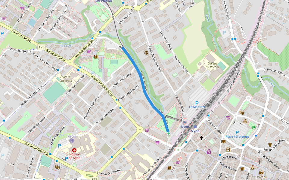 Sentier du Cossy walking route map in Nyon