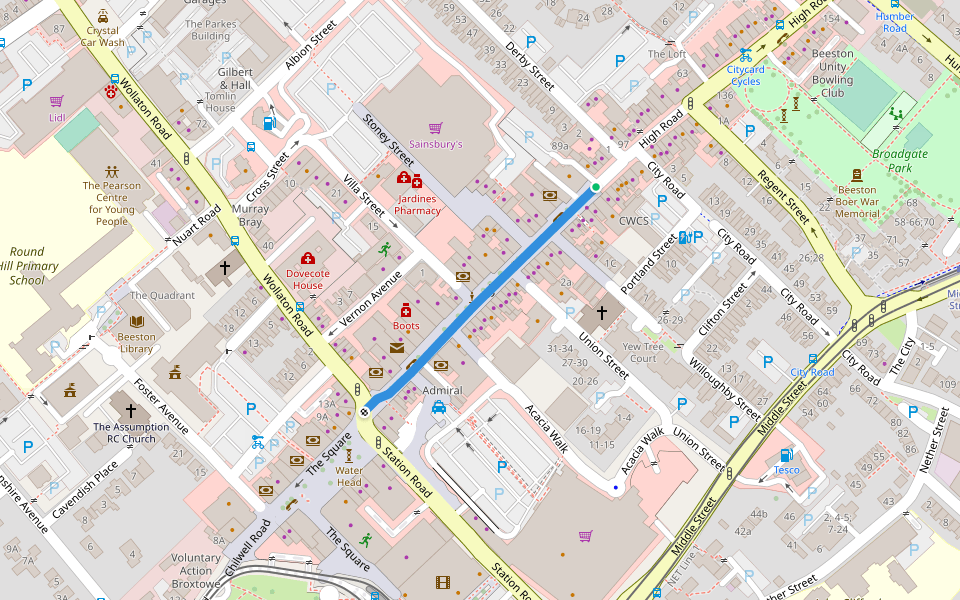High Road walking route map in Beeston