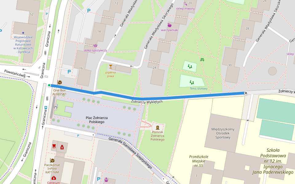Żołnierzy Wyklętych walking route map in Katowice