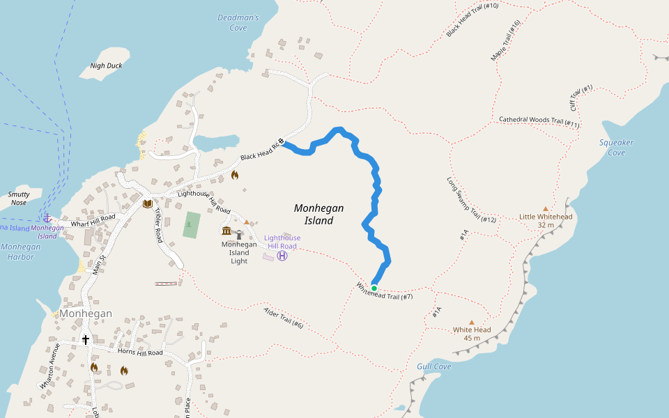 Red Ribbon Trail (#9) walking route map in Monhegan