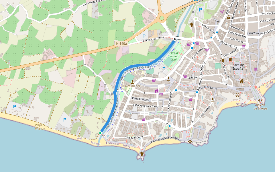 Paseo de la Ribera del Chíllar walking route map in Nerja