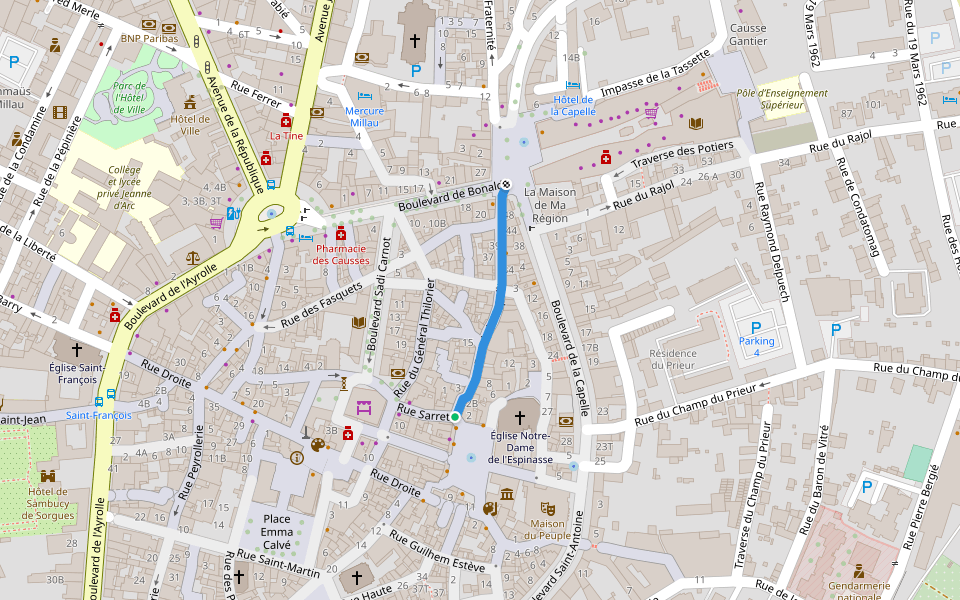 Rue de la Capelle walking route map in Millau