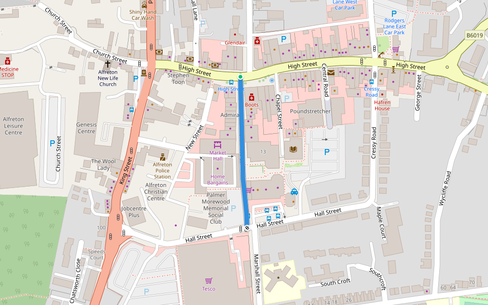Institute Lane walking route map in Alfreton