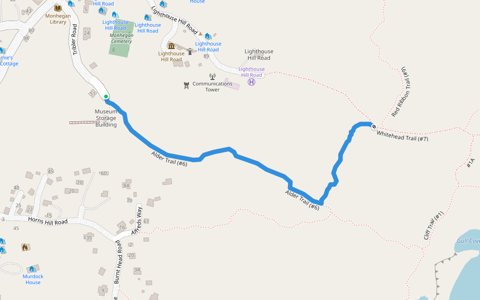 Alder Trail (#6) walking route map in Monhegan