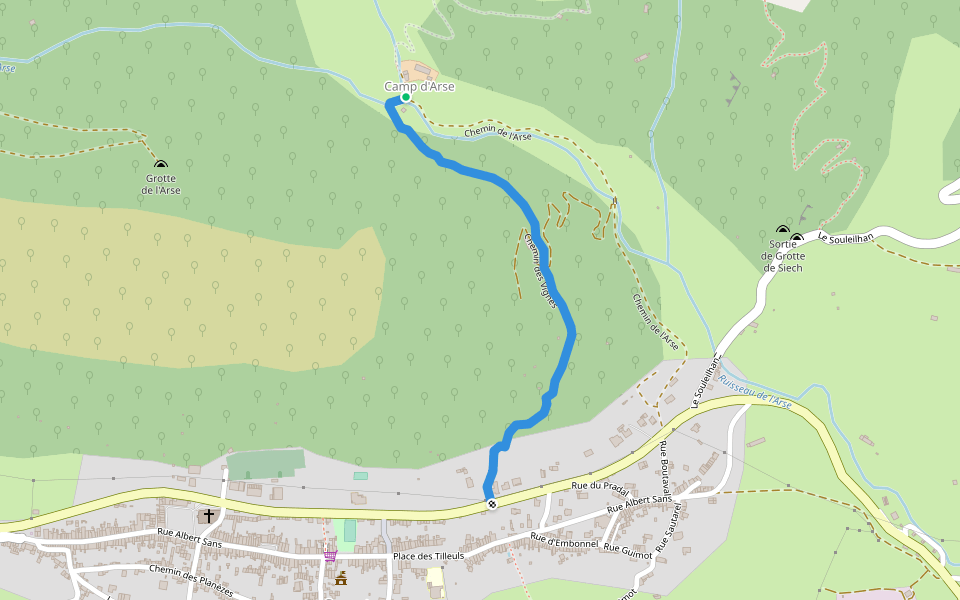 Chemin des Vignes walking route map in Saurat