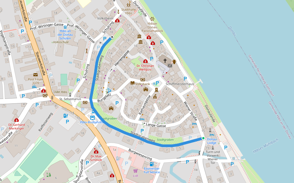 Stadtgrabenweg walking route map in Ybbs an der Donau