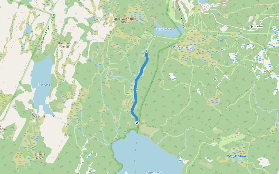 Skjellbreidalen walking route map in Lian