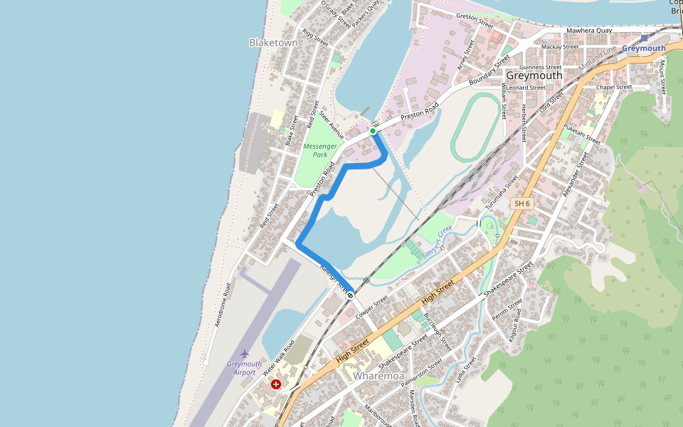 Sawyer's Creek Estuary NW Floodwall walking route map in Greymouth