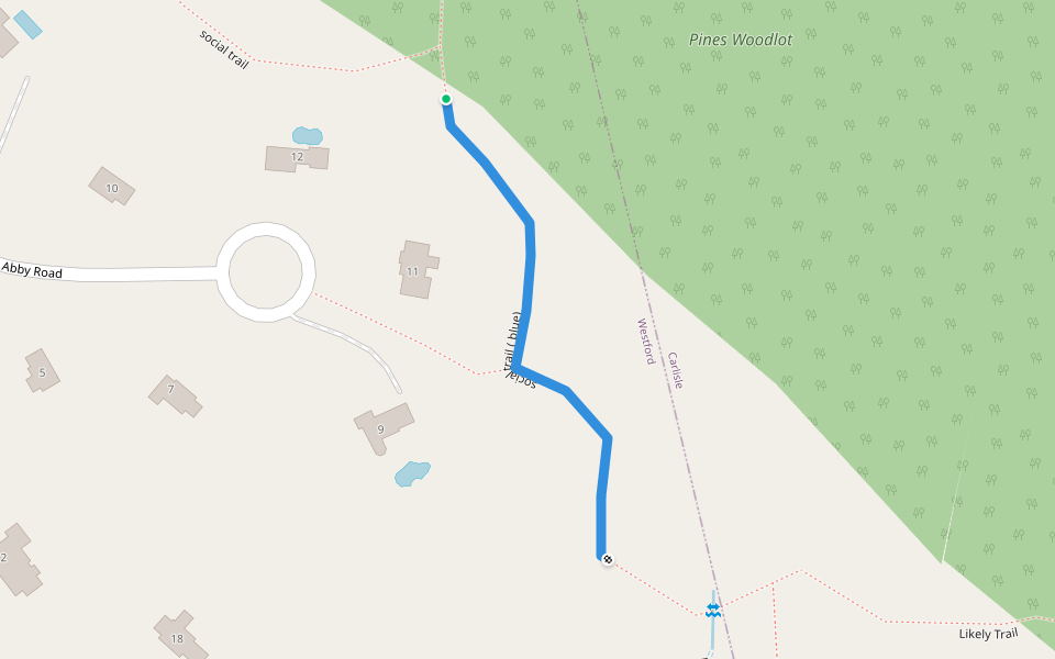 social trail ( blue) walking route map in Westford