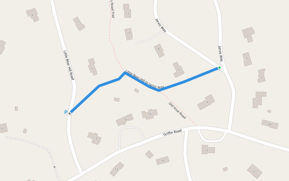 Little Bear Hill to Jarvis Way walking route map in Westford
