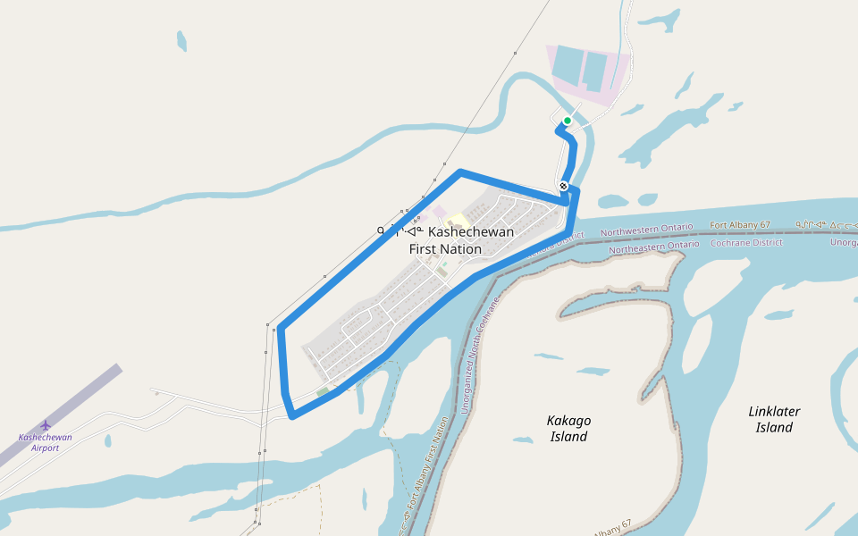 Dike Path on the Albany River walking route map in Kashechewan