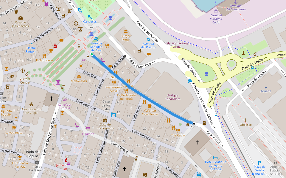 Calle Plocia walking route map in Cádiz