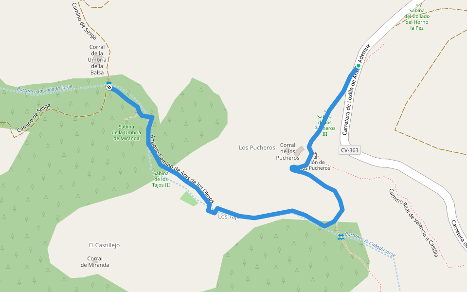 Antiguo Camino de Aras de los Olmos walking route map in Puebla de San Miguel