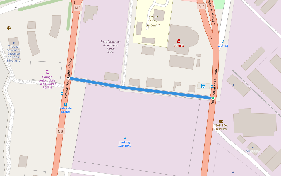 Rue 20.12 walking route map in Bobo-Dioulasso