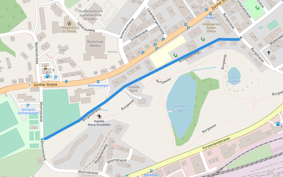 Burgweierweg walking route map in St. Gallen