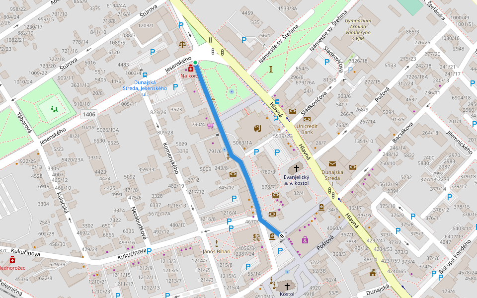 Korzo Bélu Bartóka walking route map in Dunajská Streda