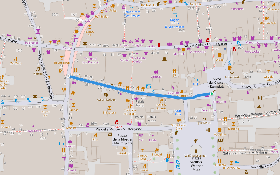 Via Argentieri - Silbergasse walking route map in Bolzano