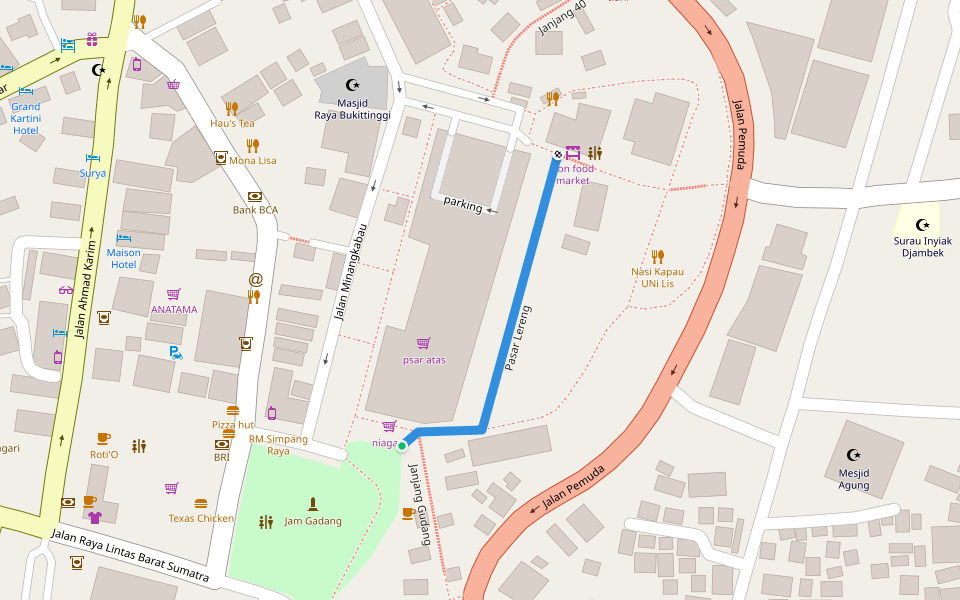 Pasar Lereng walking route map in Padang