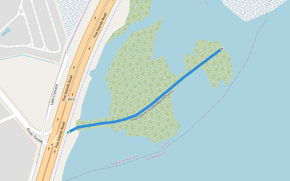 Five Islands Footbridge (remains) walking route map in Teralba