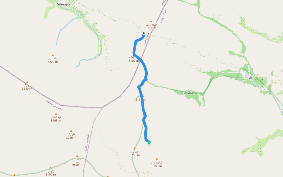 مسیر بند سودار walking route map in Shahrestanak