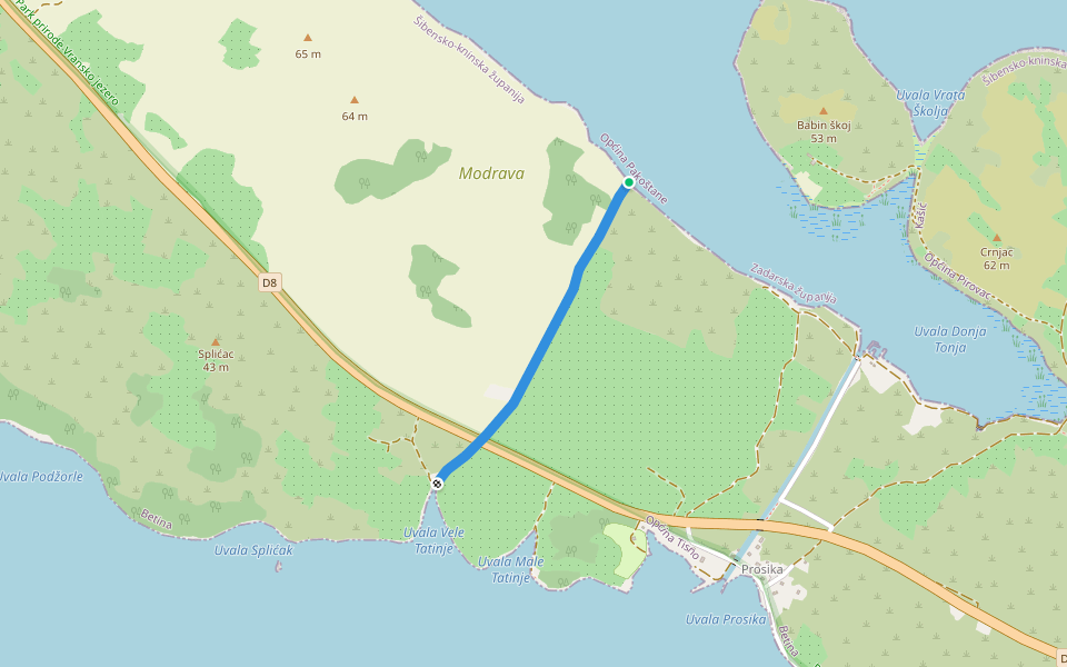 Šenićna cesta walking route map in Vrana