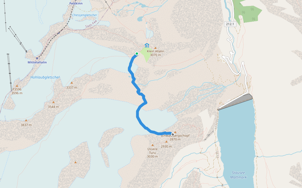 Glacier Trail Mattmark walking route map in Saas-Almagell