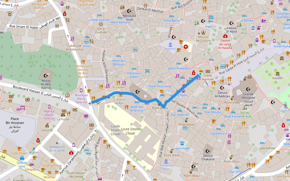 Boulevard Essaida El Houra شارع السيدة الحرة walking route map in Chefchaouen