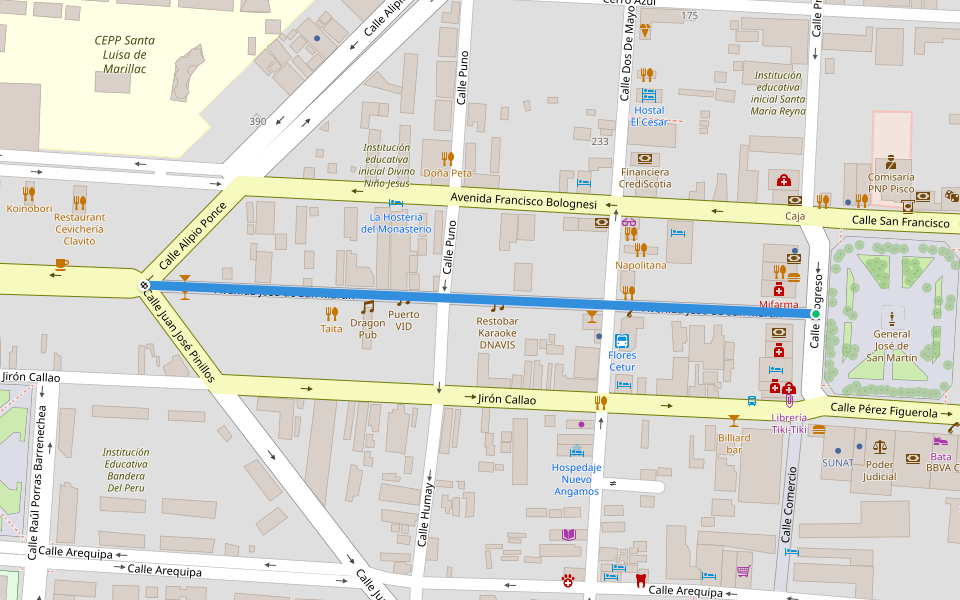 Avenida José de San Martín walking route map in Paracas