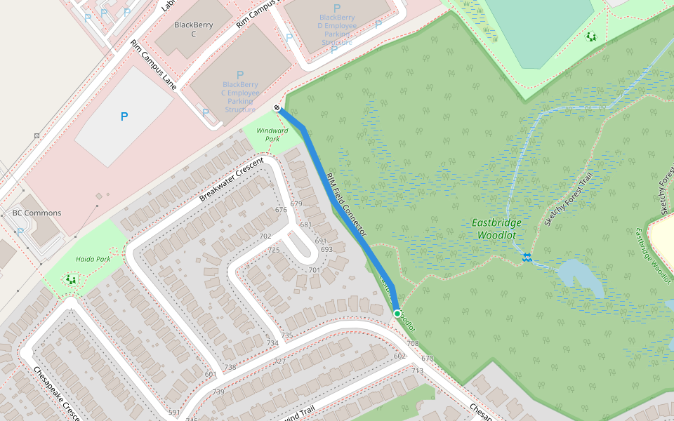 RIM Field Connector walking route map in Waterloo