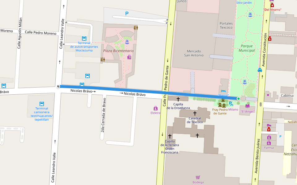 Nicolas Brávo walking route map in Texcoco de Mora