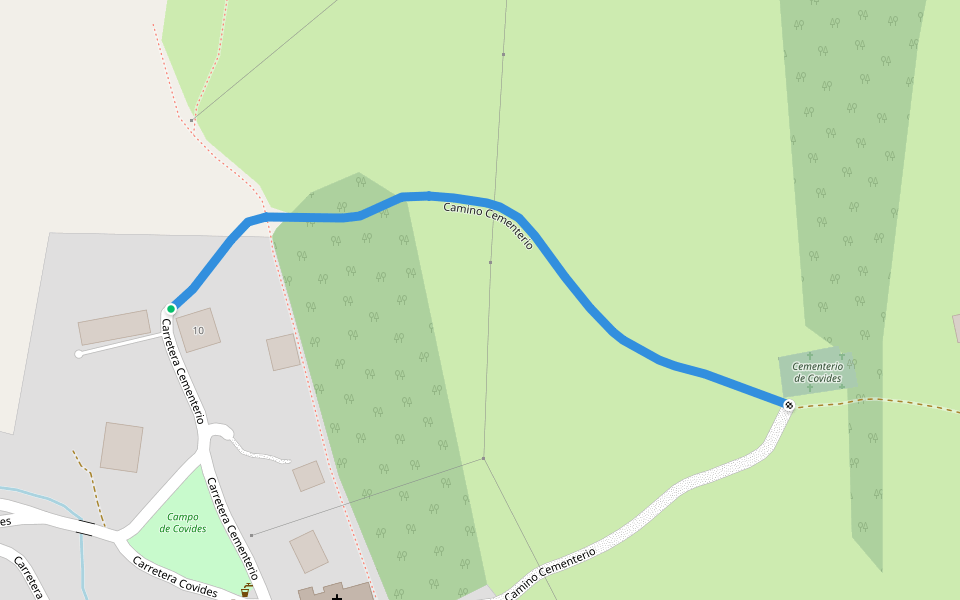 Camino Cementerio walking route map in Covides