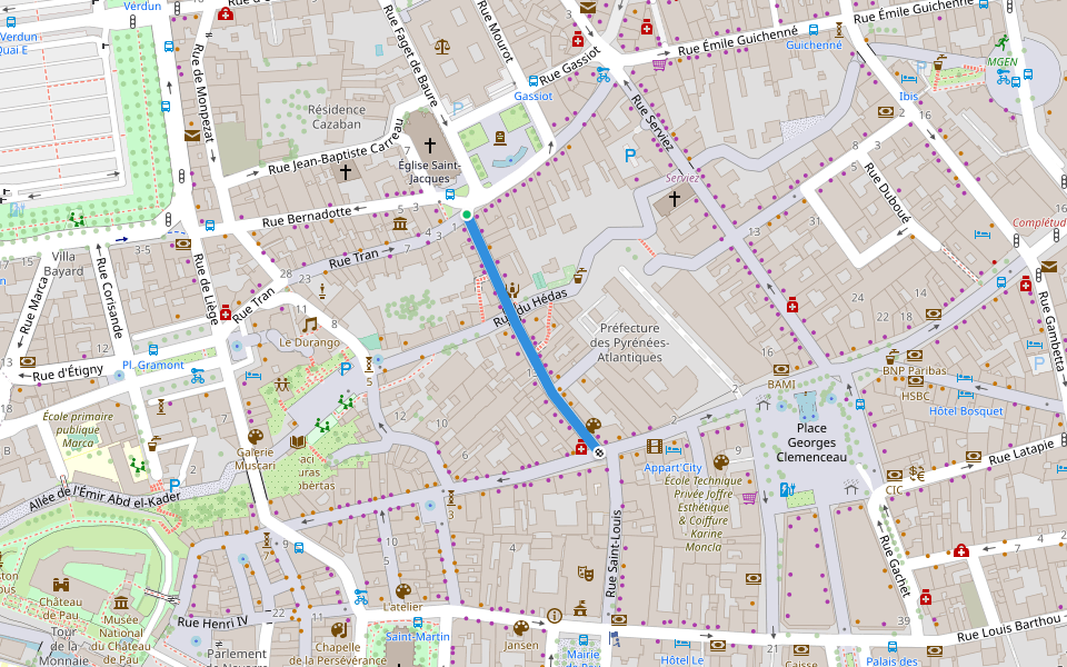 Rue des Cordeliers walking route map in Pau